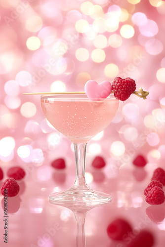 Delicate pink cocktail with raspberry and heart-shaped candy garnished during a festive celebration for Valentine's Day