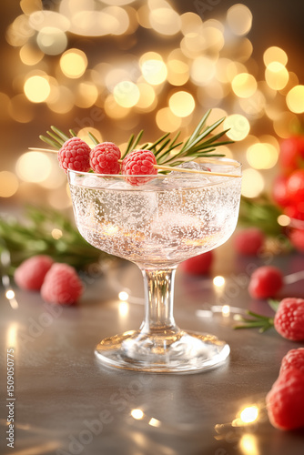 Refreshing cocktail with raspberries and rosemary garnished in elegant glass setting during a festive gathering