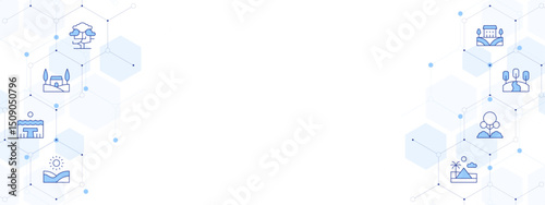 Landscape Banner Vector Illustration with Two-sided Icon Style. Line Duotone icon. Containing. tree, landscape, lake, dunes, desert, park, hills, tuscany