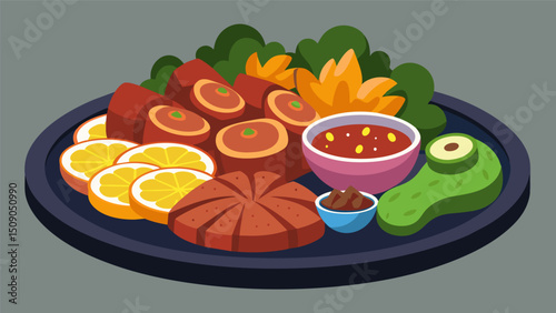 A rustic serving platter filled with a variety of meats and vegetables each coated in a unique aromatic pepian sauce.. Vector illustration