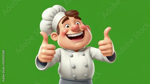 Cartoon Chef Thumbs Up on green screen. Cute 3d render chef.