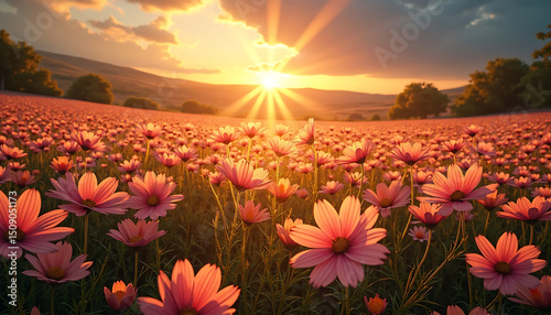 Golden Hour Bloom: Field of Cosmos at Sunset