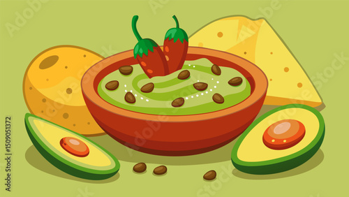 A rich and nutty salsa made with toasted pumpkin seeds creamy avocado and y jalape o.. Vector illustration