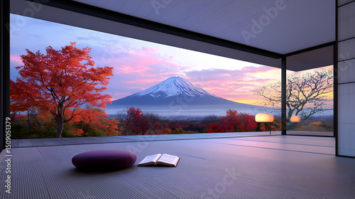 Serene Autumn Sunrise over Mount Fuji from Modern Japanese Home
