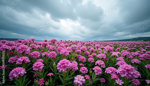 Field of Pink: Floral Abundance Under Cloudy Skies