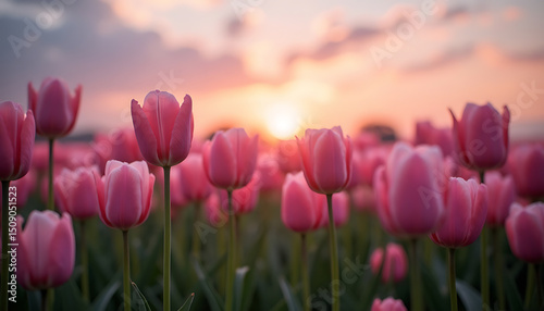 Pink Tulips at Sunset: A Field of Floral Beauty