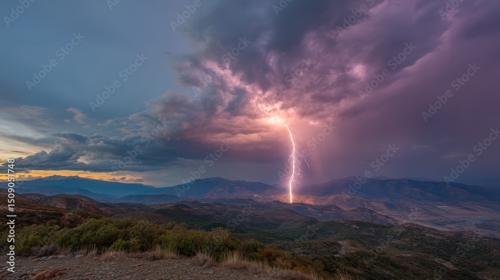 Fototapeta premium lightning bolt cutting through dramatic thunderclouds above mountain ridge