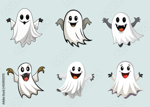 Cheerful Halloween Ghosts Vector Illustration featuring Six Cartoon Ghosts, Perfect for Holiday Designs, Invitations, Decorations, and Spooky Fun with Smiling, Friendly Ghosts for Parties and Celebrat