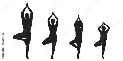 Family Tree Pose Yoga Silhouette . Four People Doing  Yoga   . printable art . 