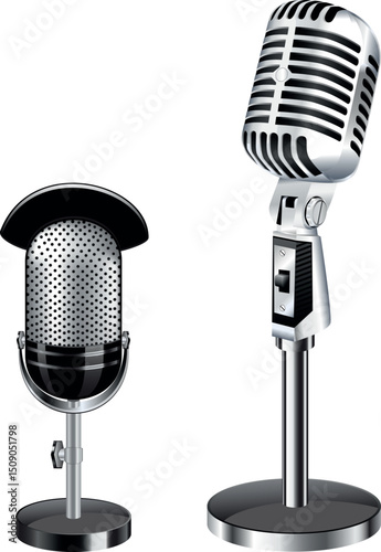Two classic vintage microphones in metallic silver and black isolated on a white background