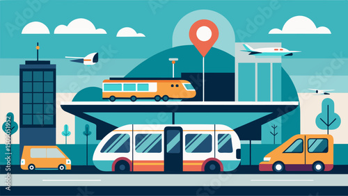 A modern transportation hub where eVTOLs and autonomous ground vehicles await passengers for a seamless transfer.. Vector illustration