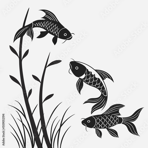 Elegant black and white koi fish swimming amongst aquatic plants illustration