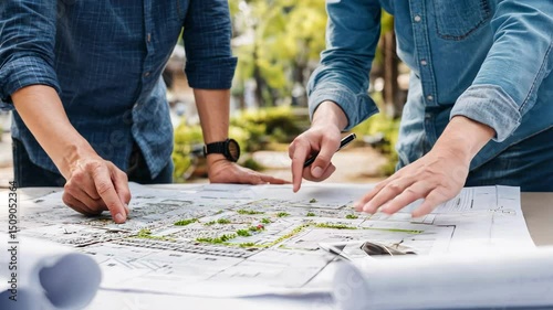 Two people reviewing blueprint, city planning and architecture outdoors. Business meeting and collaboration with urban development plan.