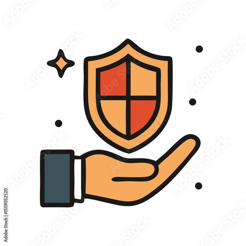 Vector illustration depicting a hand holding a shield, symbolizing protection, security, and safety. Represents the concept of insurance, defense, and trust.