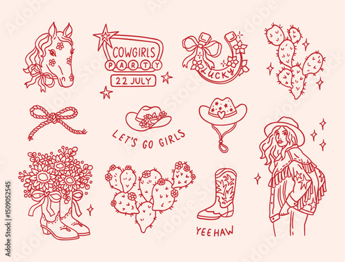 Cowboy set of horseshoe, horse, sunflowers, boots, hats, sign, rope bow, cacti, girl, coquette bow ribbon, heart, hand drawn phrases. Wild West decor for holiday card, party invitation