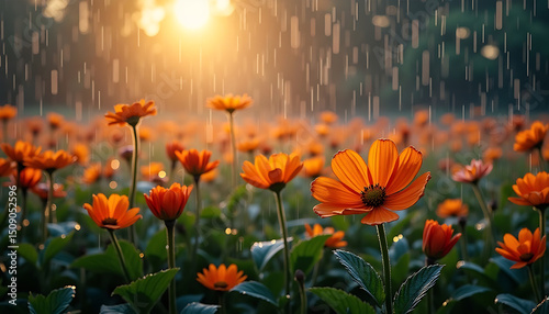 Rain Over Orange Flowers: A Refreshing Spring Shower
