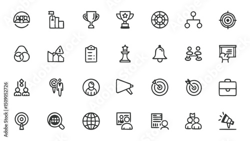 Business strategy and management vector icons for success and achievement in corporate and personal growth