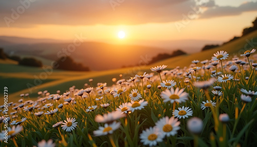 Daisy Meadow at Sunset: Golden Hour Serenity