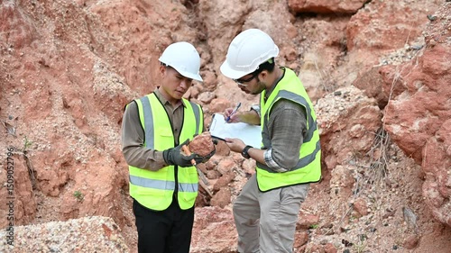 Two geologists are collecting soil samples in a mountain for mineral analysis
