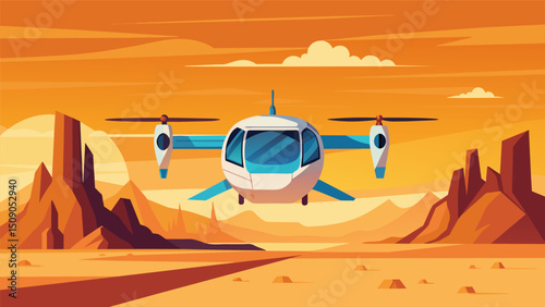 A birds eye view of an electric air taxi hovering over a seemingly endless desert highlighting the potential for ecofriendly transportation in remote areas.. Vector illustration