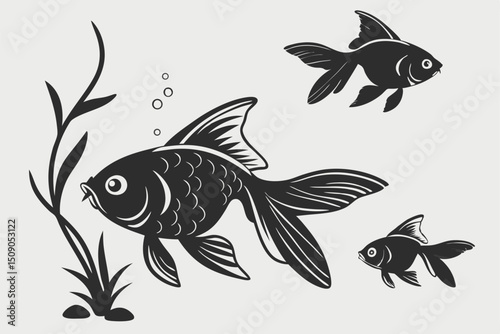 Goldfish aquatic monochrome illustration three fish swimming with algae decoration