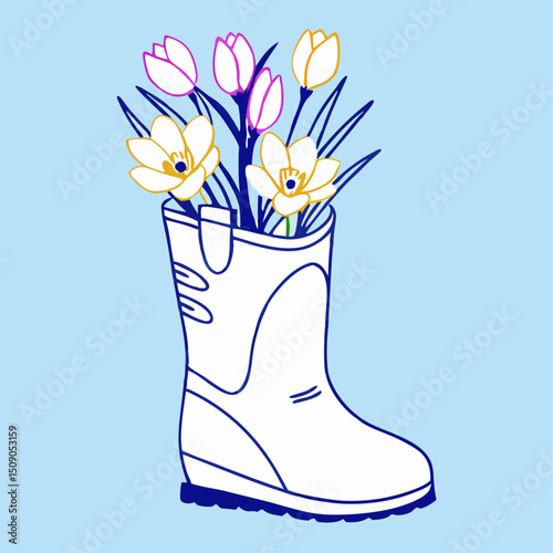 Spring Flowers in White Rubber Boot Illustration