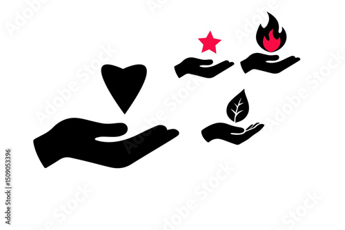 human hand and different shapes in it silhouette black and white vector illustration of a hand with an open palm holding a small, black heart above it.