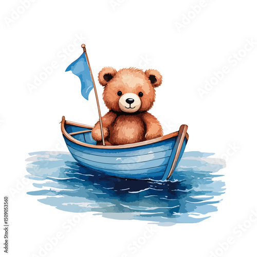 Cute bear sailing on a boat holding a flag, in blue colors - vector watercolor illustrations for Babyshower for boy, for birthday	
