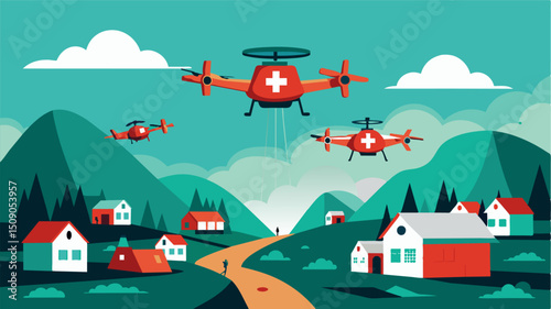 A group of medical drones delivers vital supplies and medication to a remote village utilizing their advanced autonomous flight abilities to navigate through rugged terrain.. Vector illustration