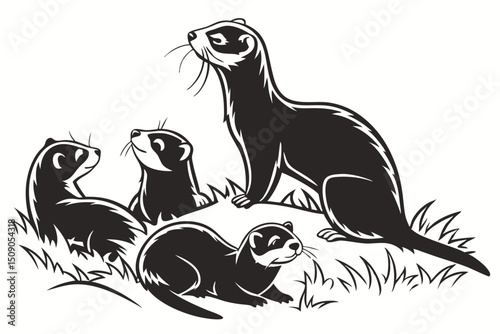 Illustration of a family of ferrets in black and white graphic style