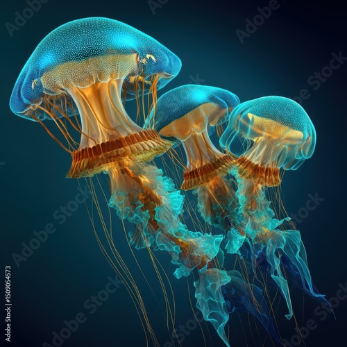 macro of glowing jellyfish tentacles in contrasty deep-sea color