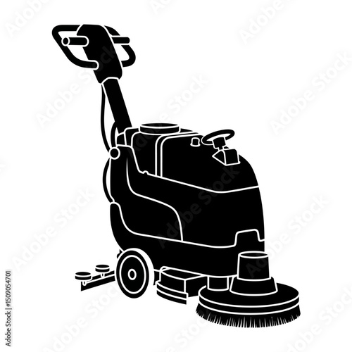 Floor scrubber cleaning machine isolated on white background, an industrial equipment for commercial and domestic hygiene and maintenance, with brushes and wheels