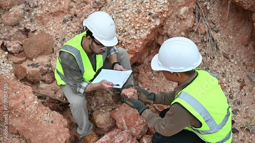 Two geologists are collecting soil samples in a mountain for mineral analysis