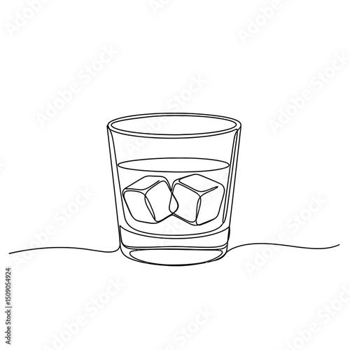 Whiskey glass with ice cubes isolated on white background in a continuous line drawing style, showcasing a minimalist and modern design for a refreshing drink