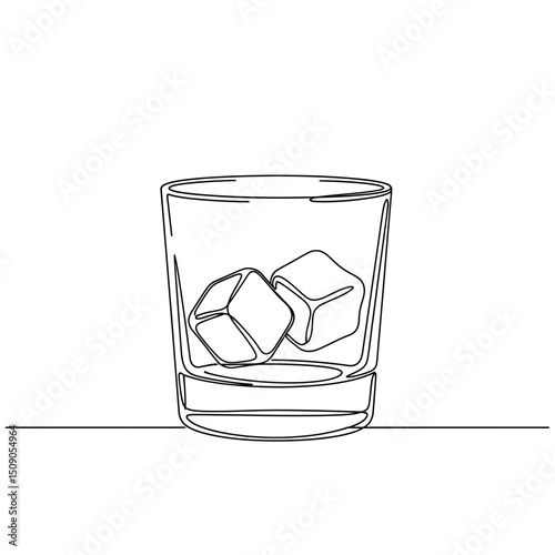 Glass with ice cubes isolated on white background in a minimalist line art style, featuring a simple and modern design for a refreshing and chilled beverage