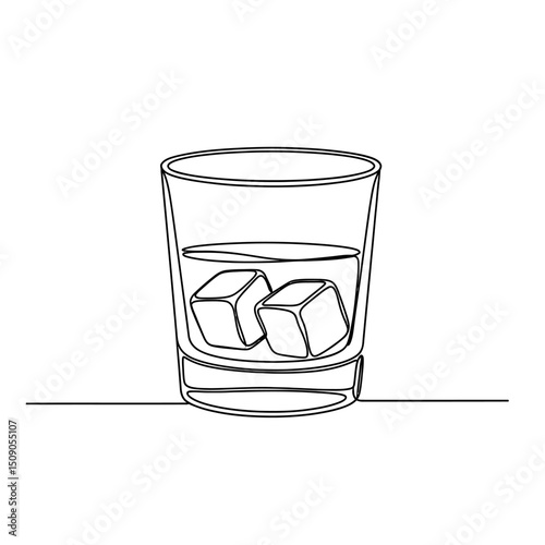 Whiskey glass with ice cubes isolated on white background in a minimalist single line drawing style for a modern and simple abstract graphic design