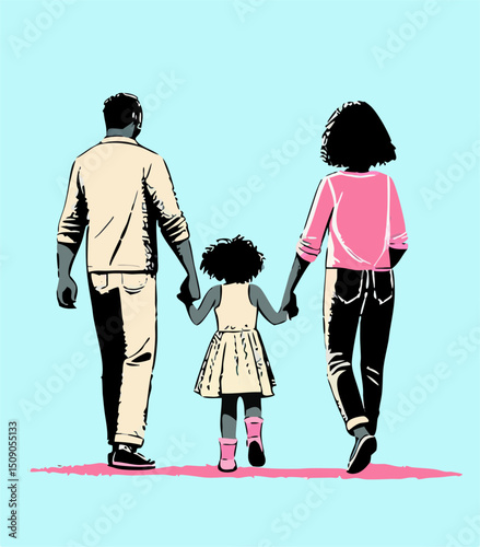 Black Family Holding Hands Walking Away, Illustration