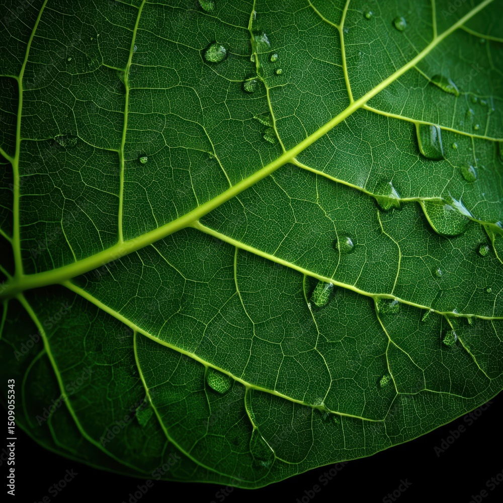 macro shot of green leaf with raindrops and strong vein pattern, high contrast lighting macro shot of green leaf with raindrops and strong vein pattern, high contrast lighting