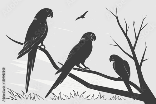 Minimalist illustration of three parrots perched on branches in a forest scene