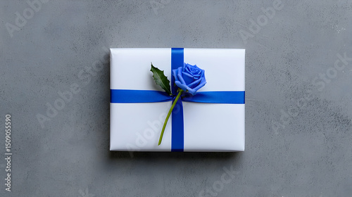 White Gift Box with Blue Rose and Ribbon on Gray Background