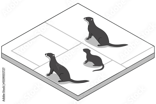 Minimalistic isometric illustration of three otters on white tiles vector graphic