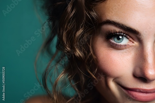 A close-up portrait of a woman with curly hair and striking blue eyes against a teal background.