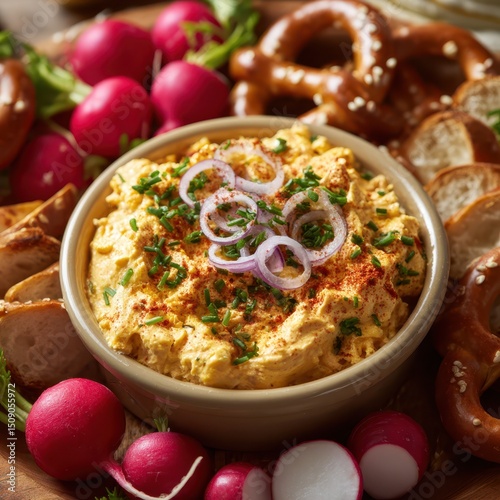 Bavarian Obatzda with onions, radishes, and pretzel slices