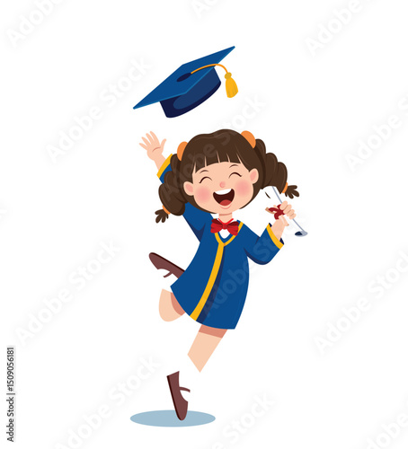 Celebrating Graduation Day: A joyful girl leaps with glee, tossing her graduation cap in the air while clutching her diploma, marking a milestone achievement in this uplifting illustration.