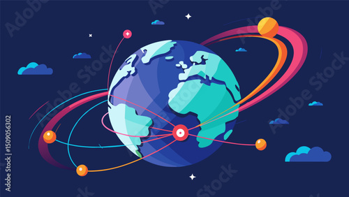 A dynamic visualization of global data streams forming vibrant pathways across a virtual globe.. Vector illustration