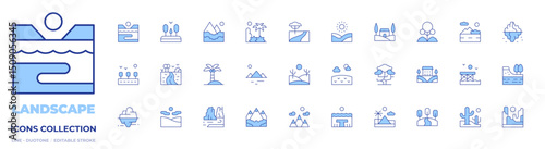 Landscape icons collection. Line Duotone style, editable stroke. coastline, river, mountain, prairie, landscape, park, road, iceberg, forest, colorado, rainforest, dunes, tree, hills, desert
