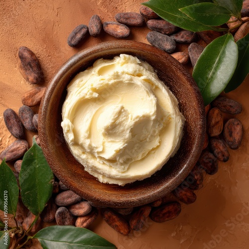 Cocoa butter cream in wooden bowl with cocoa beans on warm background