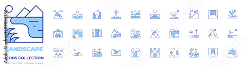 Landscape icons collection. Line Duotone style, editable stroke. mountains, lake, waterfall, dunes, torres del paine, mountain, river, oasis, beach, north pole, field, canyon, hill, pier, savannah