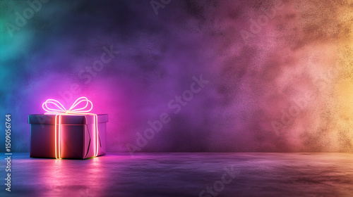 Neon gift box on colorful background for holiday celebration design