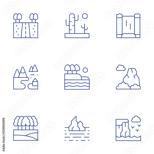 Landscape icons set. Thin Line style, editable stroke. landscape, forest, desert, lake, iceberg, waterfall, mountain, cliff